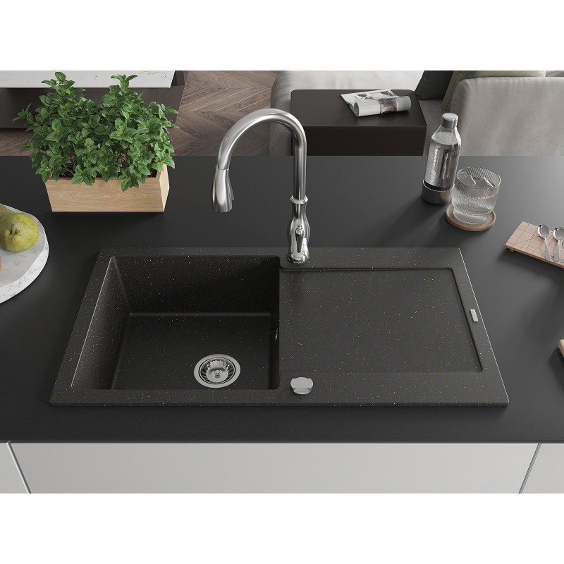 Mexen Leo granite kitchen sink 1-bowl with drainer and kitchen faucet Savita, black/gold metallic - 6501-75-672601-00