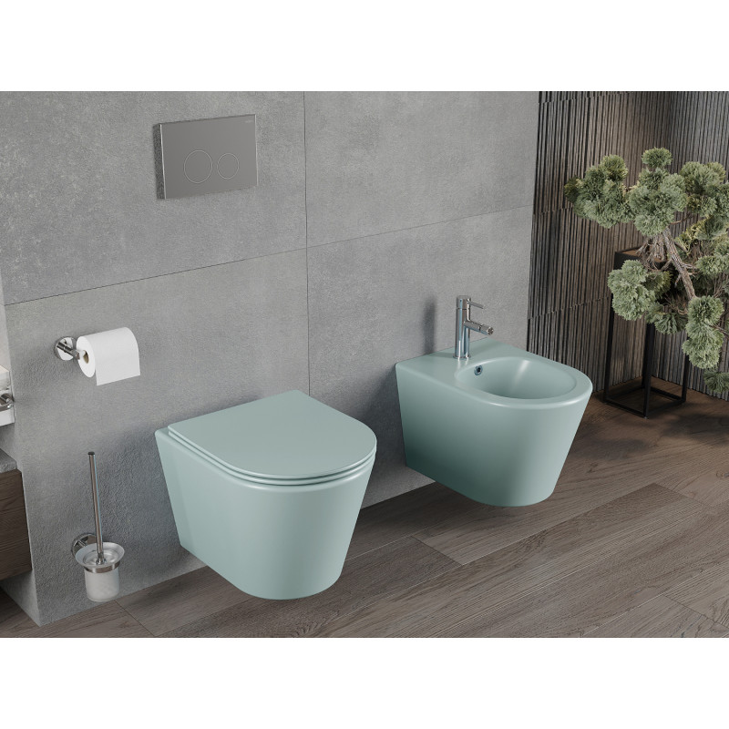 Mexen Rico rimless toilet bowl with a slim soft-close seat, duroplast, light green matte - 30724048