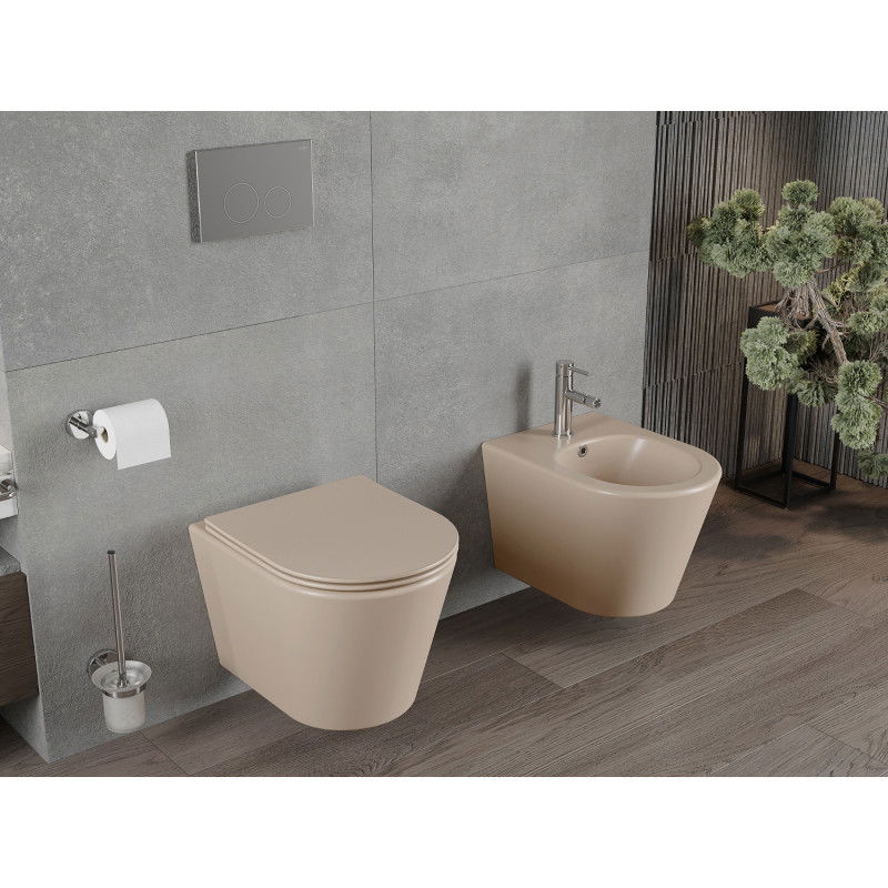 Mexen Rico rimless toilet bowl with soft-closing slim seat, duroplast, matte cappuccino - 30724064