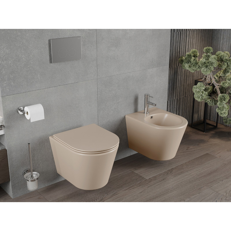 Mexen Rico Rimless WC bowl with slim soft-close seat, duroplast, matte cappuccino - 30724064