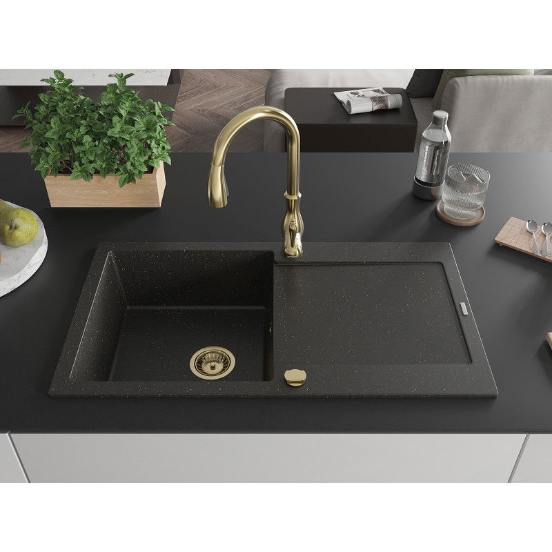 Mexen Leo granite sink 1-bowl with drainer and Savita kitchen tap, black/gold metallic - 6501-75-672601-50