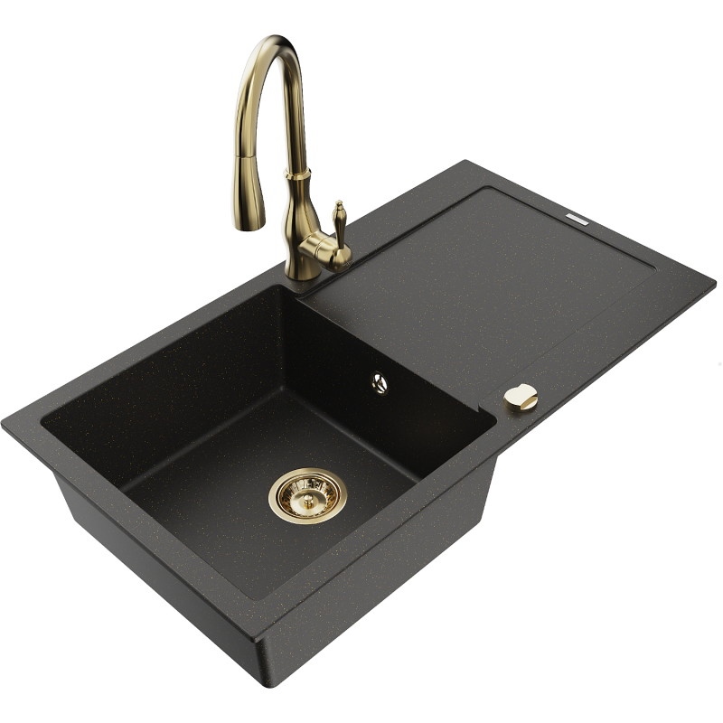 Mexen Leo 1-Bowl Granite Sink with Drainer and Kitchen Faucet Savita, Black/Gold Metallic - 6501-75-672601-50