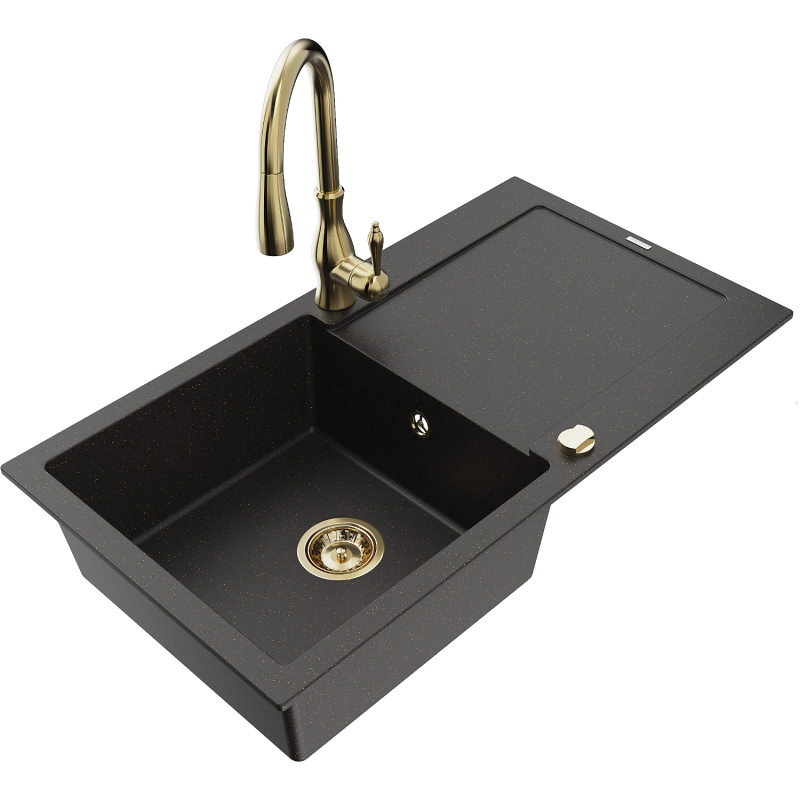 Mexen Leo granite sink 1-bowl with drainer and Savita kitchen tap, black/gold metallic - 6501-75-672601-50
