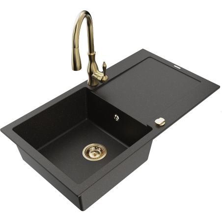 Mexen Leo granite kitchen sink 1-bowl with drainer and kitchen faucet Savita, black/gold metallic - 6501-75-672601-50