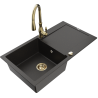Mexen Leo granite sink 1-bowl with drainer and Savita kitchen tap, black/gold metallic - 6501-75-672601-50