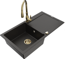 Mexen Leo 1-Bowl Granite Sink with Drainer and Kitchen Faucet Savita, Black/Gold Metallic - 6501-75-672601-50