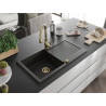 Mexen Leo granite kitchen sink 1-bowl with drainer and kitchen faucet Savita, black/gold metallic - 6501-75-672601-50
