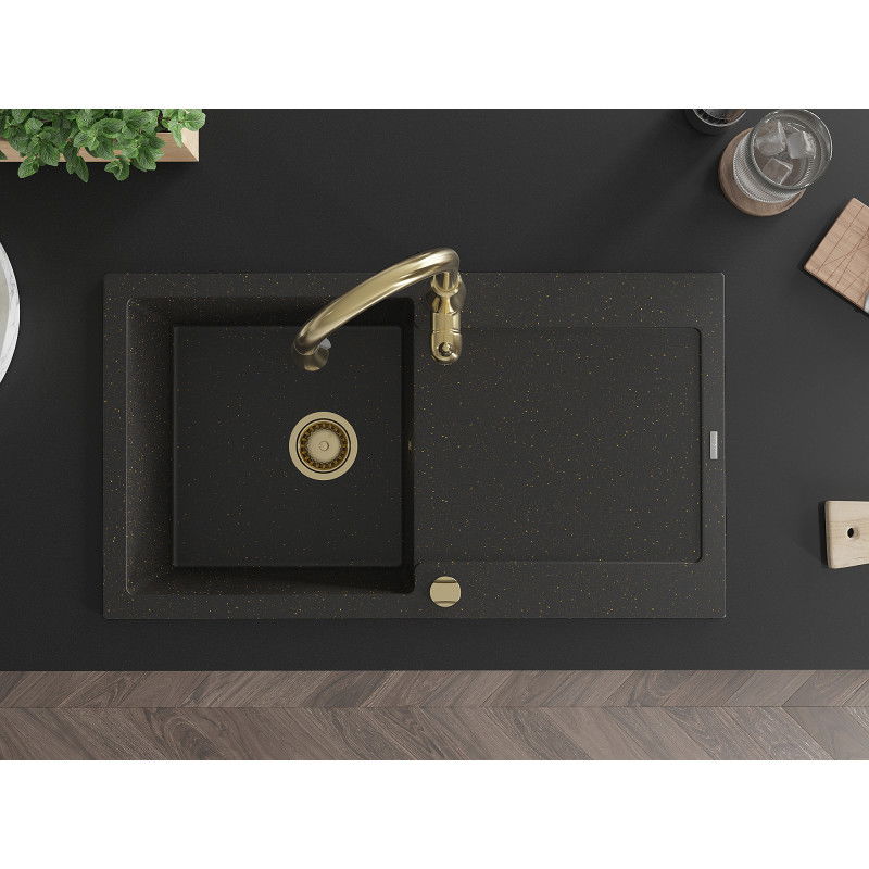Mexen Leo granite sink 1-bowl with drainer and Savita kitchen tap, black/gold metallic - 6501-75-672601-50