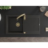 Mexen Leo granite kitchen sink 1-bowl with drainer and kitchen faucet Savita, black/gold metallic - 6501-75-672601-50