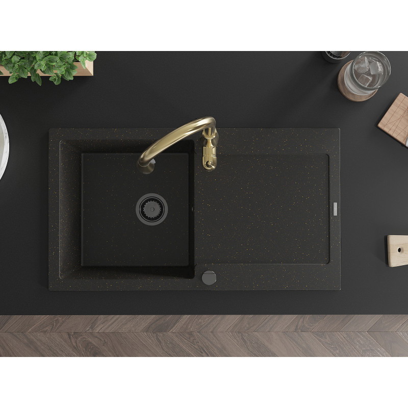 Mexen Leo granite single-bowl sink with drainer and Savita kitchen faucet, black/golden metallic - 6501-75-672601-50-B