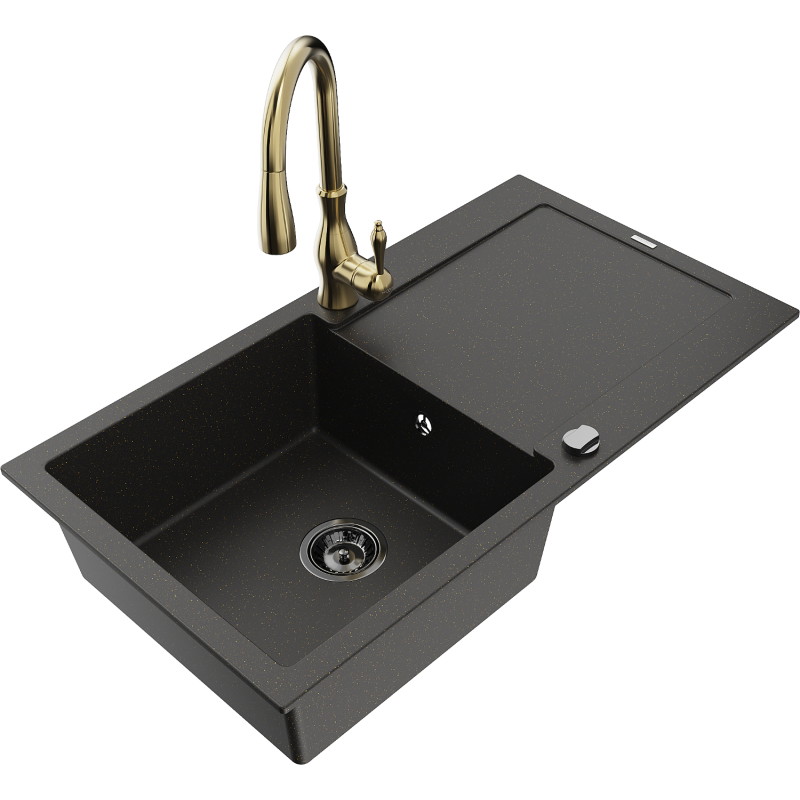 Mexen Leo granite kitchen sink 1-bowl with drainer and Savita kitchen faucet, black/gold metallic - 6501-75-672601-50-B