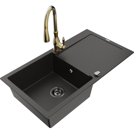 Mexen Leo granite single-bowl sink with drainer and Savita kitchen faucet, black/golden metallic - 6501-75-672601-50-B