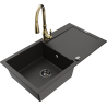 Mexen Leo granite single-bowl sink with drainer and Savita kitchen faucet, black/golden metallic - 6501-75-672601-50-B