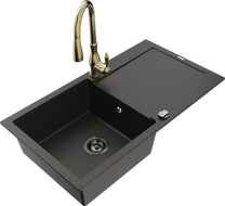 Mexen Leo granite kitchen sink 1-bowl with drainer and Savita kitchen faucet, black/gold metallic - 6501-75-672601-50-B