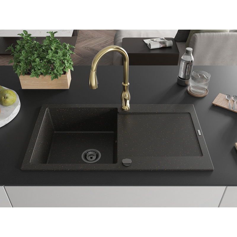 Mexen Leo granite sink 1-bowl with drainer and Savita kitchen tap, black/gold metallic - 6501-75-672601-50-B