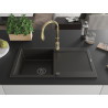 Mexen Leo granite single-bowl sink with drainer and Savita kitchen faucet, black/golden metallic - 6501-75-672601-50-B