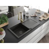 Mexen Leo granite single-bowl sink with drainer and Savita kitchen faucet, black/golden metallic - 6501-75-672601-50-B