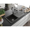 Mexen Leo granite kitchen sink 1-bowl with drainer and Savita kitchen faucet, black/gold metallic - 6501-75-672601-70