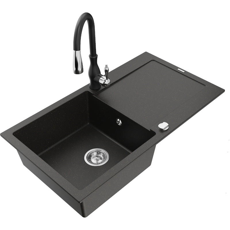 Mexen Leo 1-bowl granite sink with drainer and Savita kitchen faucet, black/gold metallic - 6501-75-672601-70