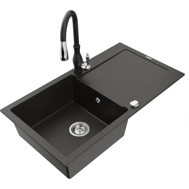 Mexen Leo granite kitchen sink 1-bowl with drainer and Savita kitchen faucet, black/gold metallic - 6501-75-672601-70