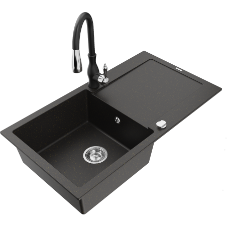 Mexen Leo granite kitchen sink 1-bowl with drainer and Savita kitchen faucet, black/gold metallic - 6501-75-672601-70