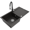Mexen Leo granite kitchen sink 1-bowl with drainer and Savita kitchen faucet, black/gold metallic - 6501-75-672601-70