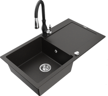 Mexen Leo 1-bowl granite sink with drainer and Savita kitchen faucet, black/gold metallic - 6501-75-672601-70