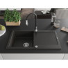 Mexen Leo granite kitchen sink 1-bowl with drainer and Savita kitchen faucet, black/gold metallic - 6501-75-672601-70