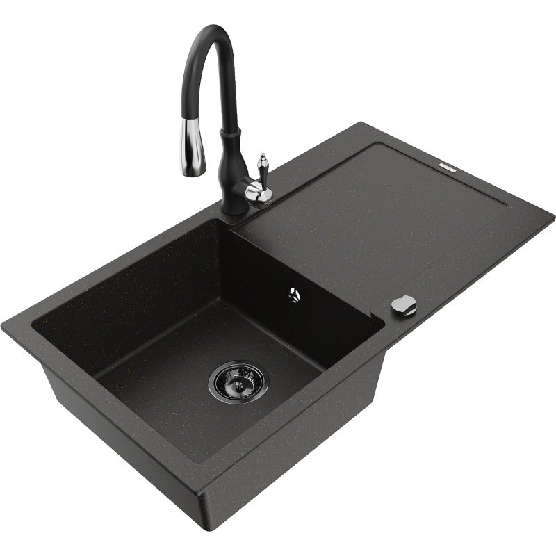 Mexen Leo 1-bowl granite sink with drainer and Savita kitchen faucet, black/gold metallic - 6501-75-672601-70-B