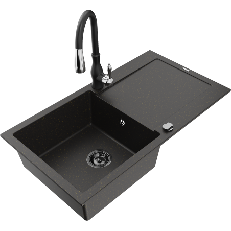 Mexen Leo 1-bowl granite sink with drainer and Savita kitchen faucet, black/gold metallic - 6501-75-672601-70-B