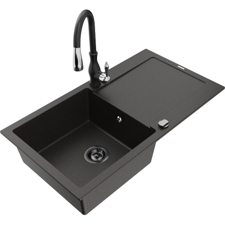 Mexen Leo 1-bowl granite sink with drainer and Savita kitchen tap, black/gold metallic - 6501-75-672601-70-B