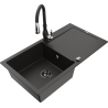 Mexen Leo 1-bowl granite sink with drainer and Savita kitchen faucet, black/gold metallic - 6501-75-672601-70-B