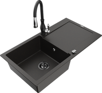 Mexen Leo granite sink 1-bowl with drainer and kitchen faucet Savita, black/gold metallic - 6501-75-672601-70-B