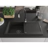 Mexen Leo 1-bowl granite sink with drainer and Savita kitchen faucet, black/gold metallic - 6501-75-672601-70-B