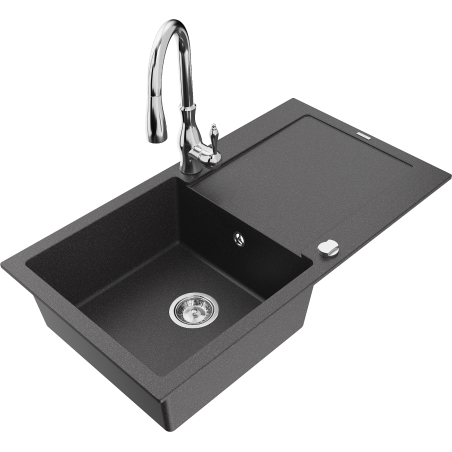 Mexen Leo granite sink 1-bowl with drainer and Savita kitchen faucet, speckled black - 6501-76-672601-00