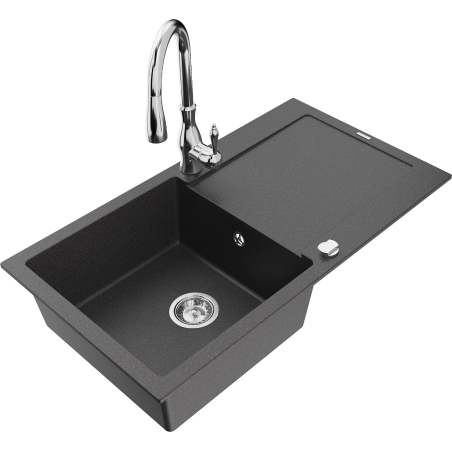 Mexen Leo single-bowl granite sink with drainer and Savita kitchen faucet, speckled black - 6501-76-672601-00