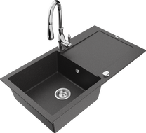 Mexen Leo 1-bowl granite sink with drainer and Savita kitchen tap, black speckled - 6501-76-672601-00