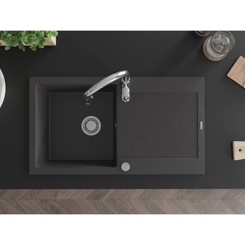 Mexen Leo granite sink 1-bowl with drainer and Savita kitchen faucet, speckled black - 6501-76-672601-00