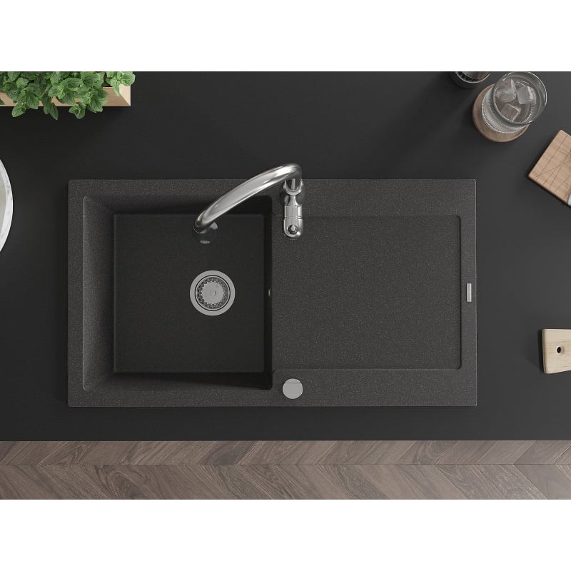 Mexen Leo single-bowl granite sink with drainer and Savita kitchen faucet, speckled black - 6501-76-672601-00