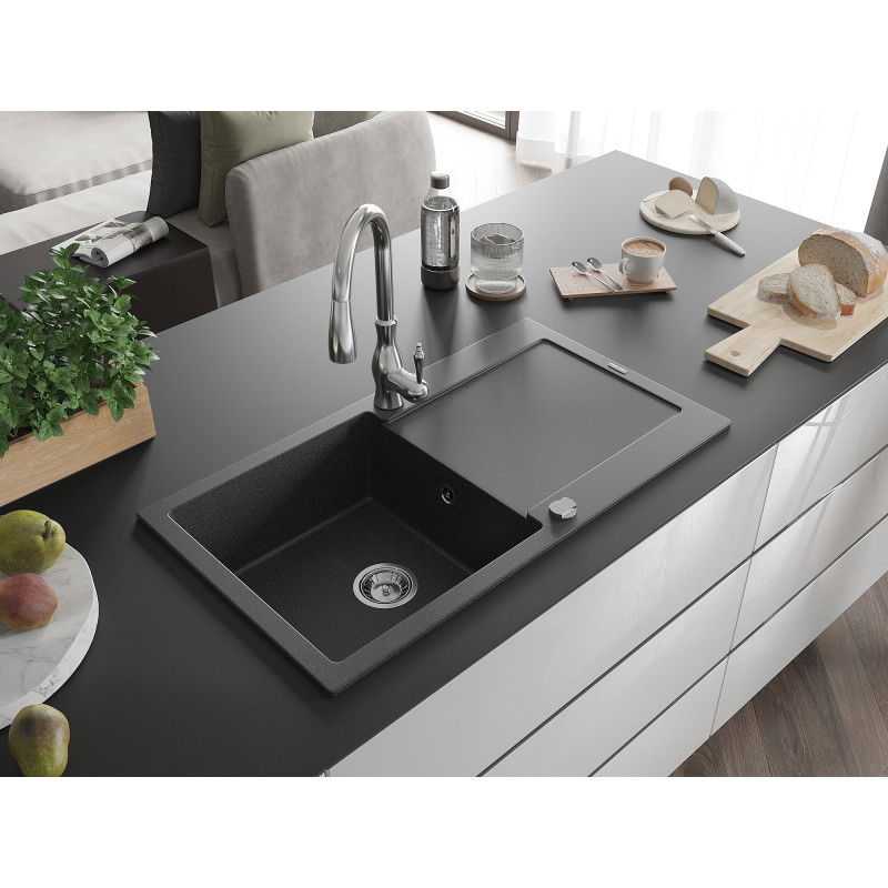 Mexen Leo 1-bowl granite sink with drainer and Savita kitchen tap, black speckled - 6501-76-672601-00