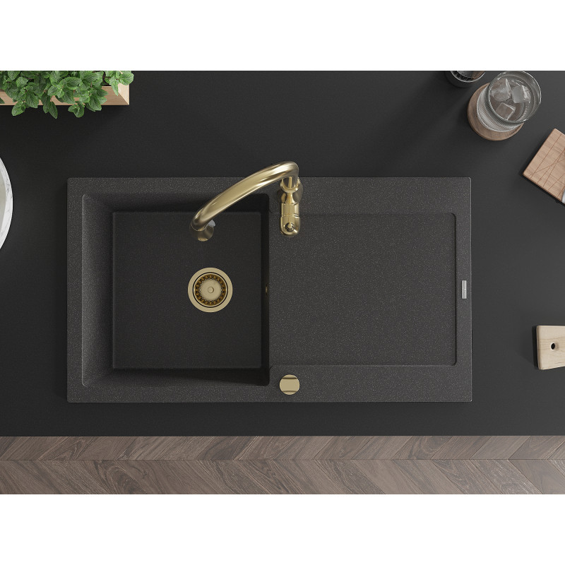 Mexen Leo granite sink 1-bowl with drainer and Savita kitchen faucet, speckled black - 6501-76-672601-50