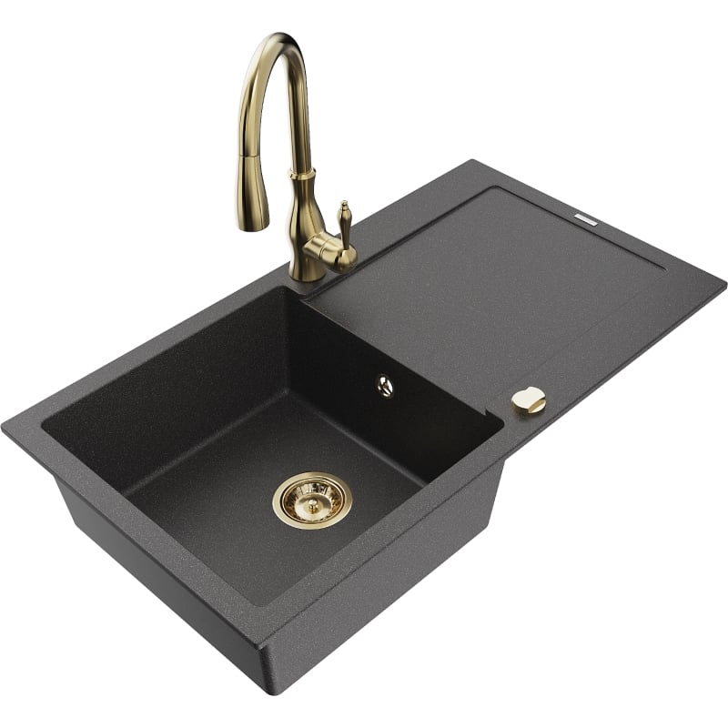 Mexen Leo granite kitchen sink 1-bowl with drainer and Savita kitchen faucet, black speckled - 6501-76-672601-50