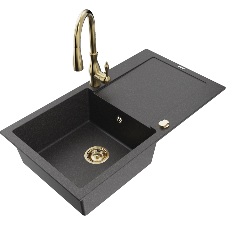 Mexen Leo granite kitchen sink 1-bowl with drainer and Savita kitchen faucet, black speckled - 6501-76-672601-50