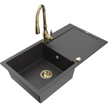 Mexen Leo granite sink 1-bowl with drainer and Savita kitchen tap, speckled black - 6501-76-672601-50