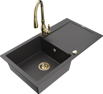 Mexen Leo granite sink 1-bowl with drainer and Savita kitchen tap, speckled black - 6501-76-672601-50