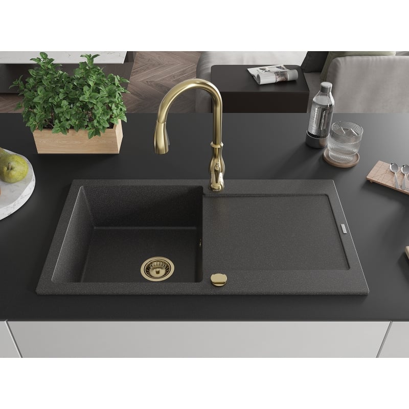 Mexen Leo granite kitchen sink 1-bowl with drainer and Savita kitchen faucet, black speckled - 6501-76-672601-50