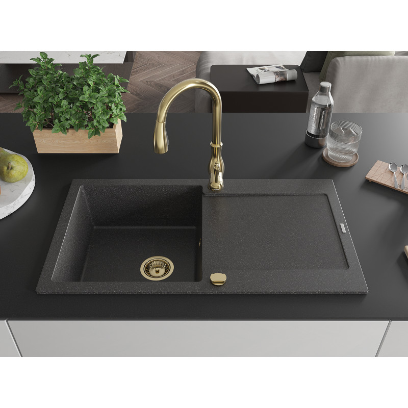 Mexen Leo granite sink 1-bowl with drainer and Savita kitchen faucet, speckled black - 6501-76-672601-50