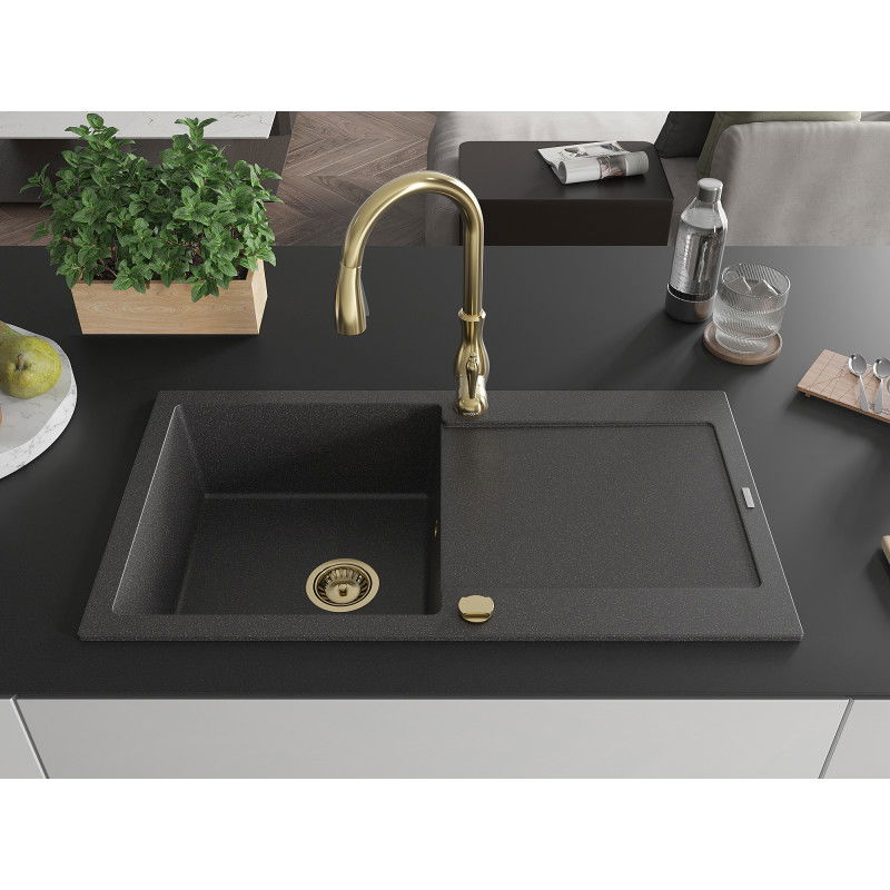 Mexen Leo granite sink 1-bowl with drainer and Savita kitchen tap, speckled black - 6501-76-672601-50