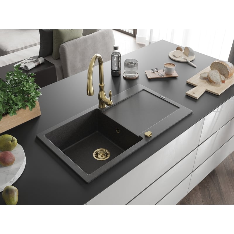Mexen Leo granite kitchen sink 1-bowl with drainer and Savita kitchen faucet, black speckled - 6501-76-672601-50