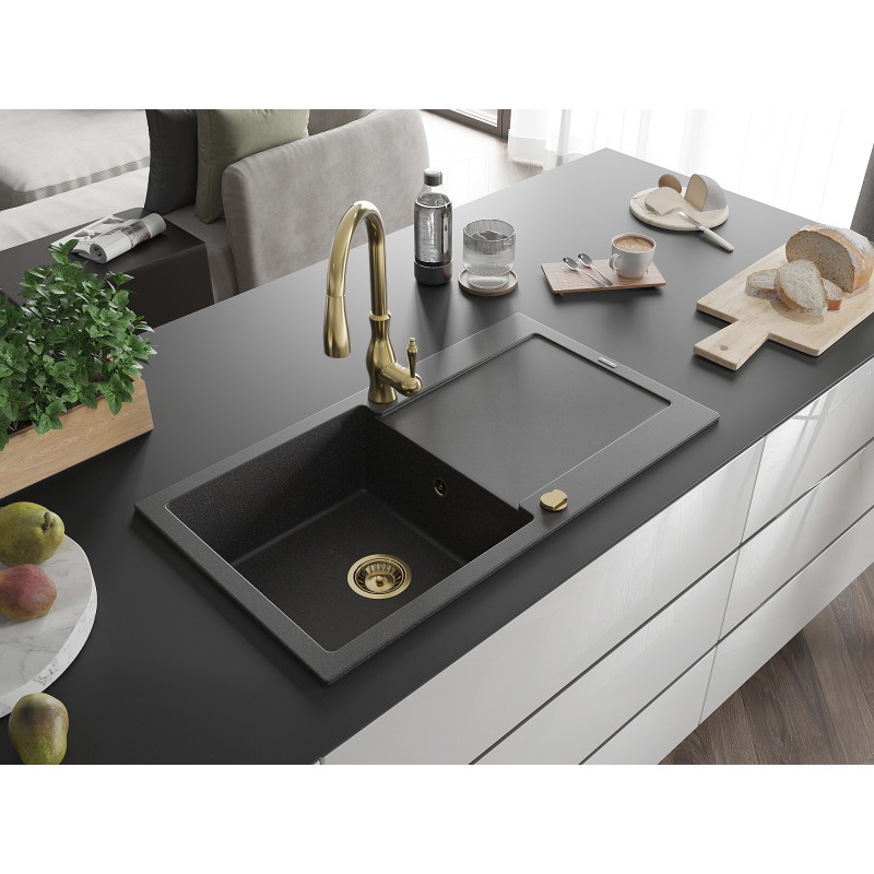 Mexen Leo granite sink 1-bowl with drainer and Savita kitchen faucet, speckled black - 6501-76-672601-50
